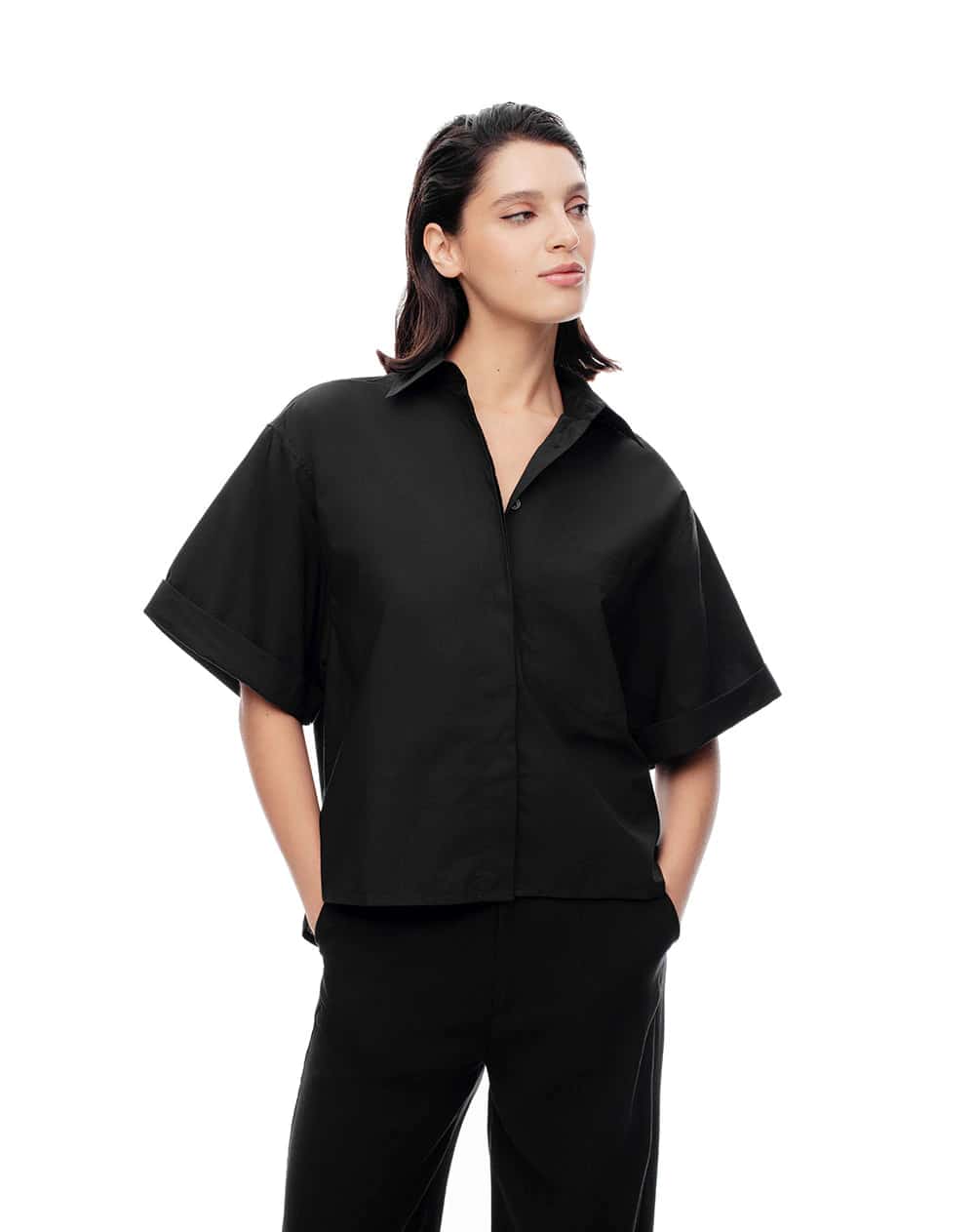 Camisa manga corta oversize algodón negra mujer