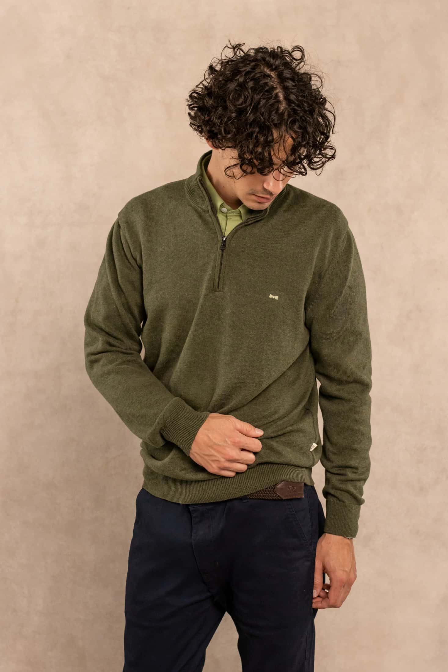 Halfzip Algodon Peinado Antiarrugas Verde Olivine