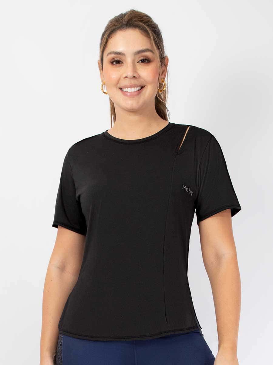 Camiseta Deportiva con Abertura en Hombro Negro