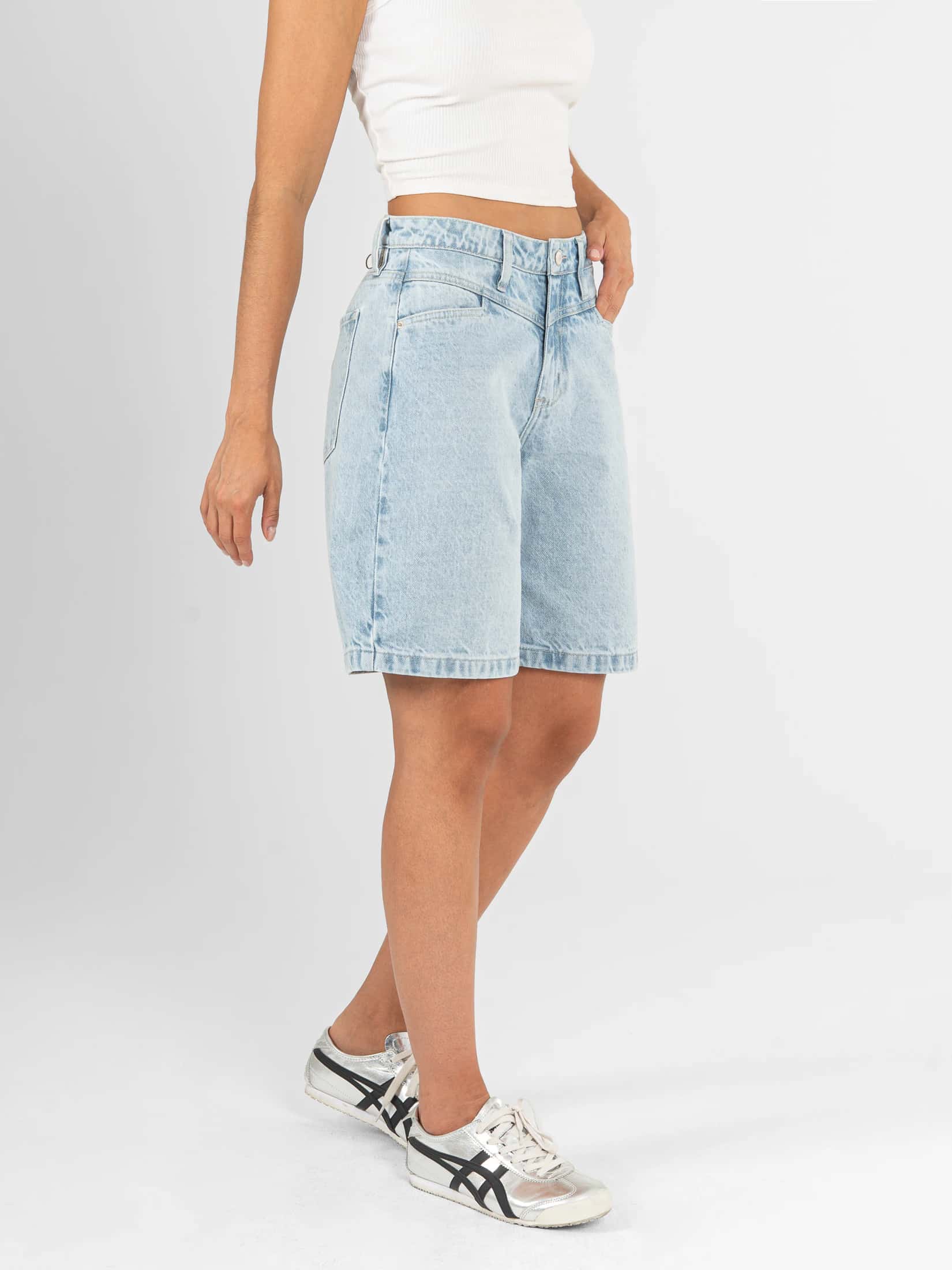 Ref: 066569 Short en denim rígido, tiro alto, cotilla delantera, tono azul claro - miniatura 3