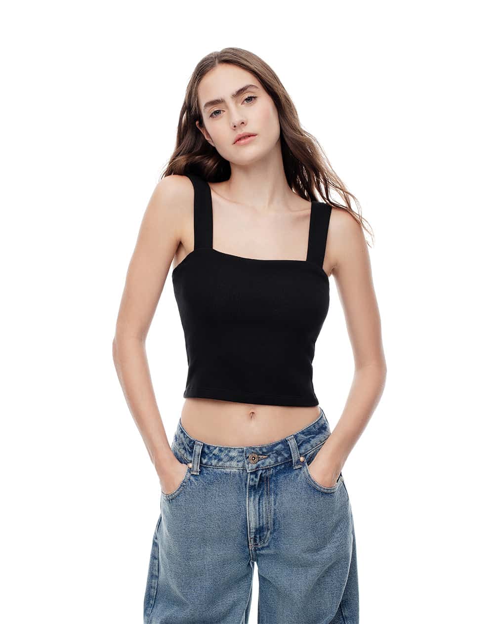 Crop top slim rib algodón negra mujer