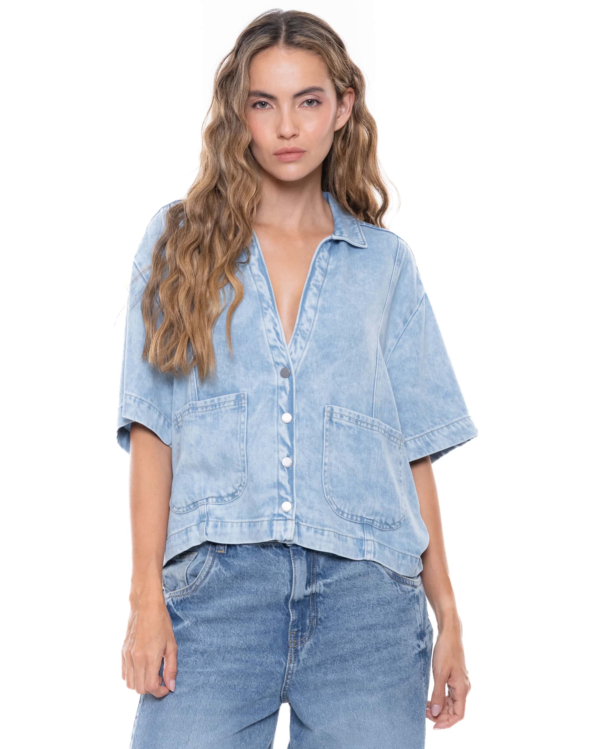 Camisa Manga Corta Tiro Regular Denim Indigo