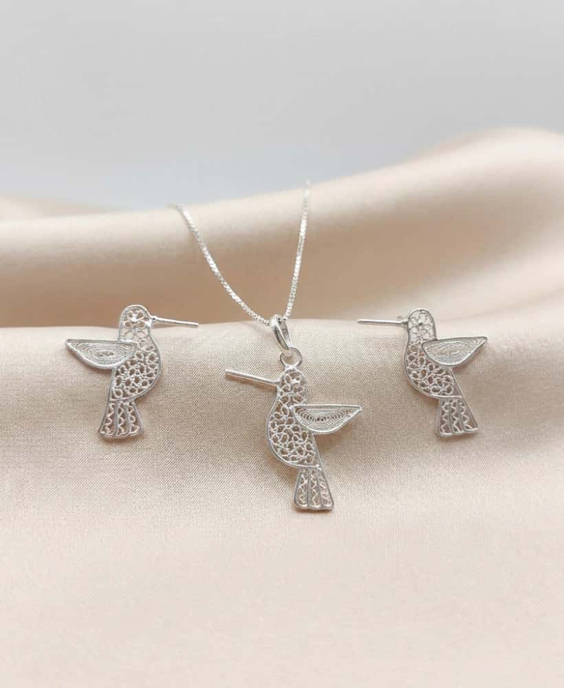 Juego Cadena Aretes Colibrí en Plata ley 950 Filigrana