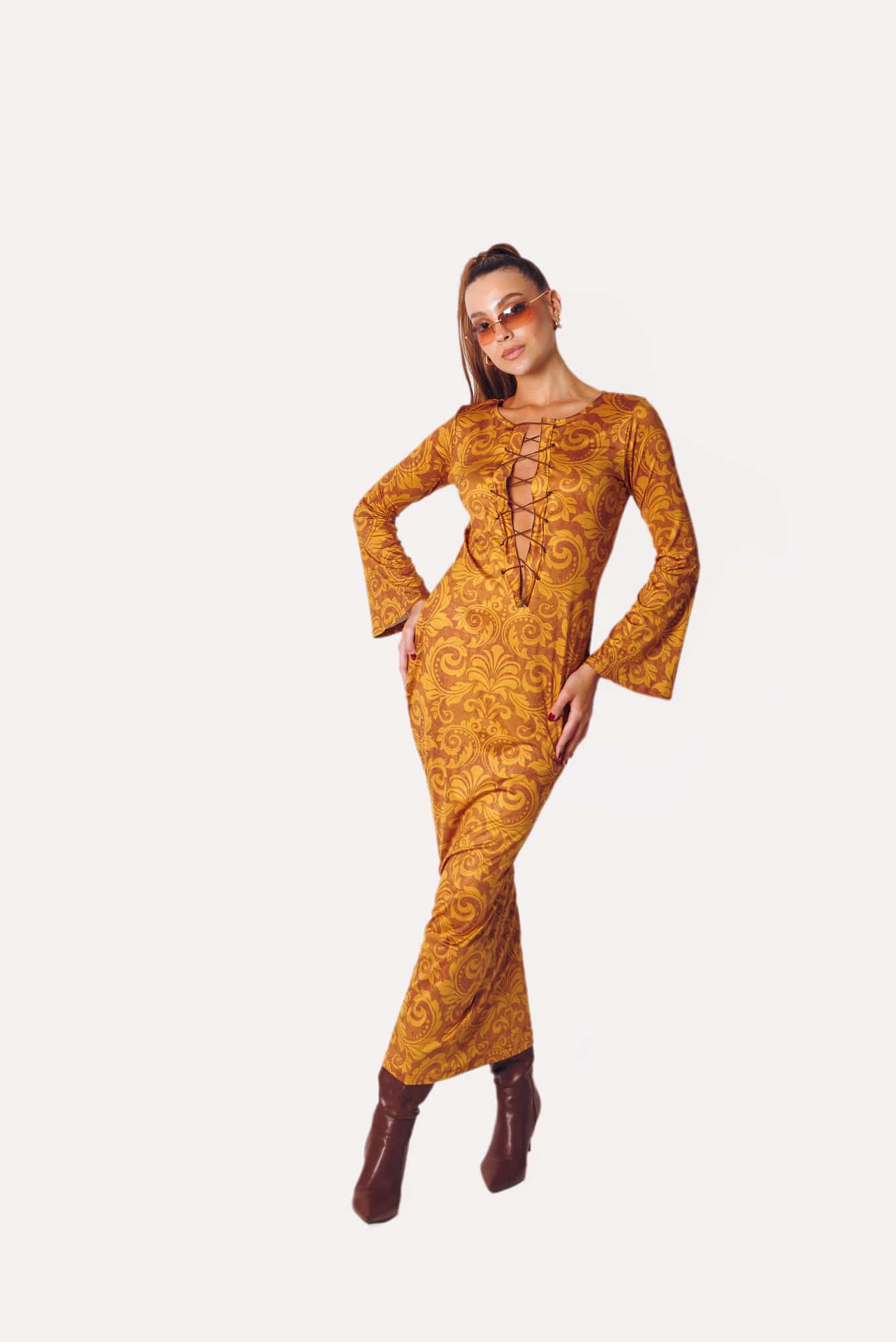 Lace-Up Maxi Dress in Golden Spice