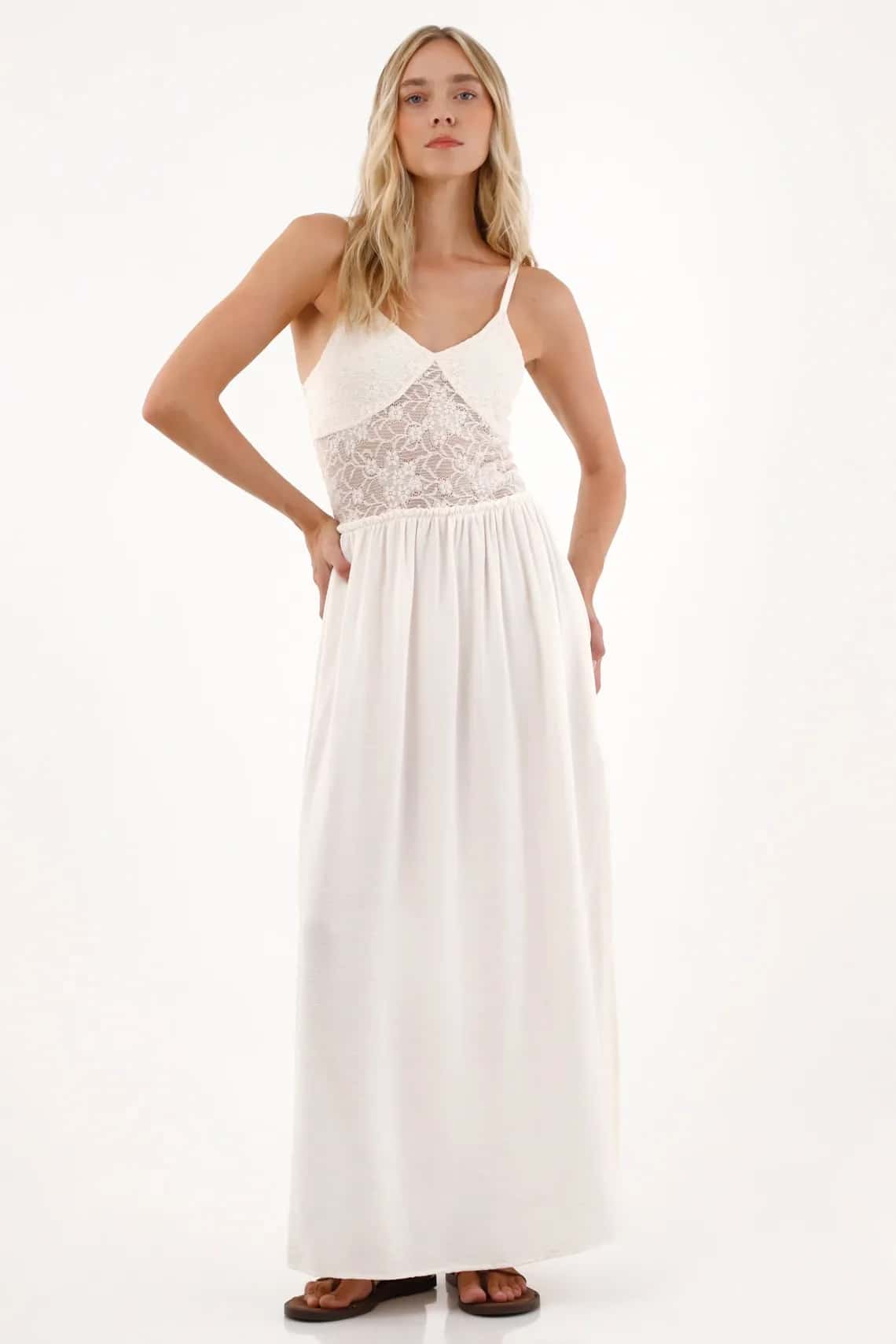 Vestido largo con detalle de encaje crudo para mujer