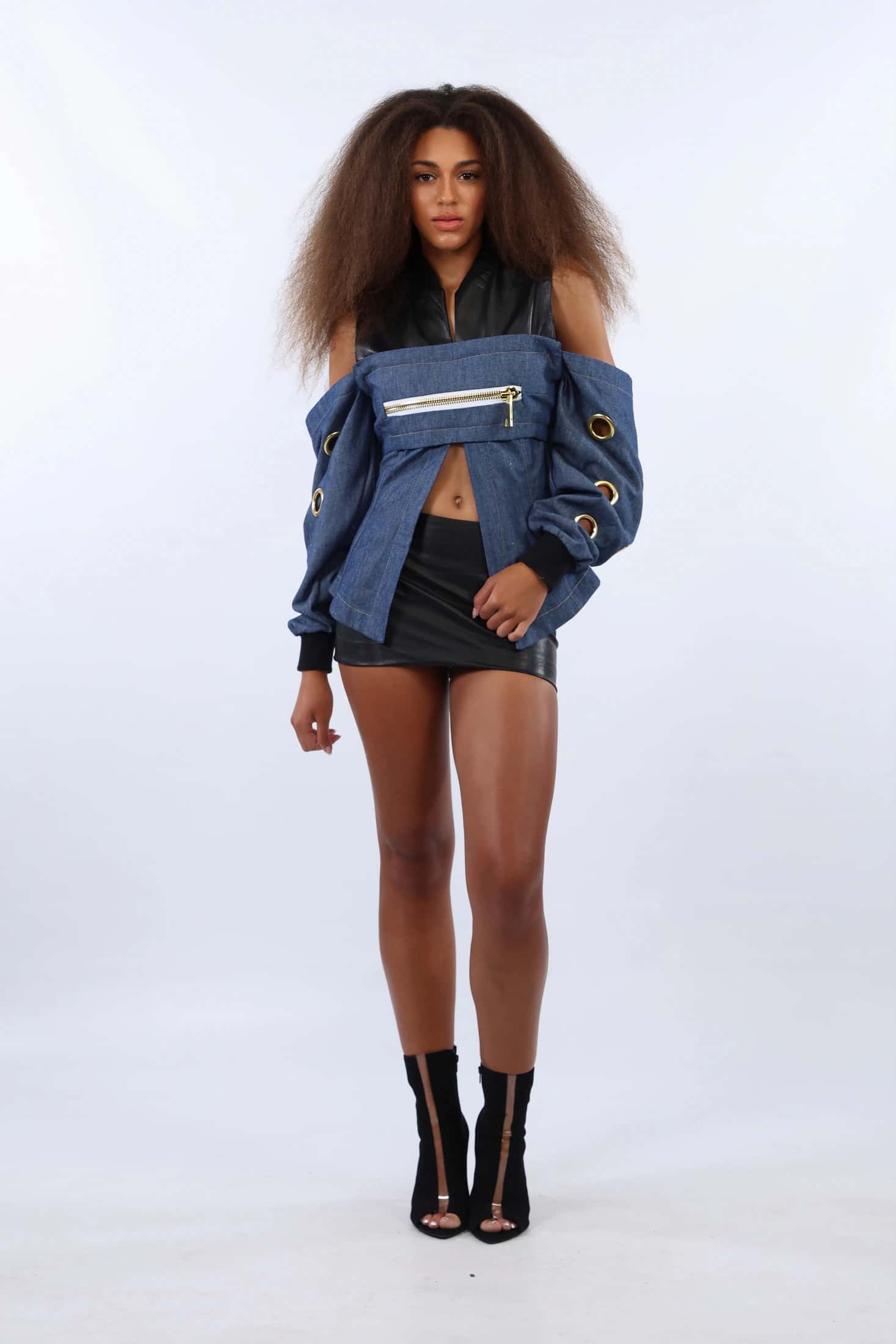 Denim and Leather Top with Leather Skirt