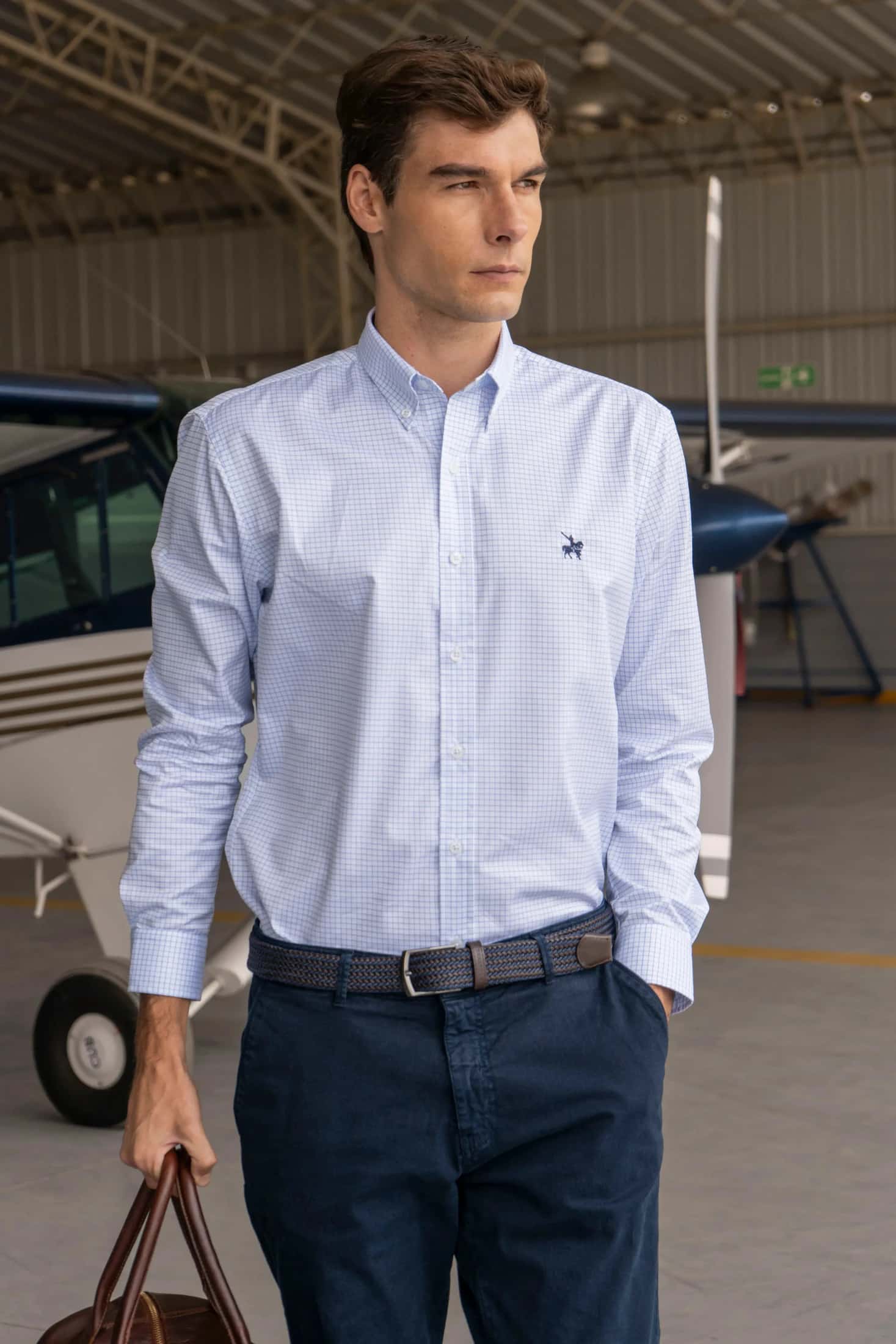 Camisa No Iron Hombre Cuadros Azul Claro