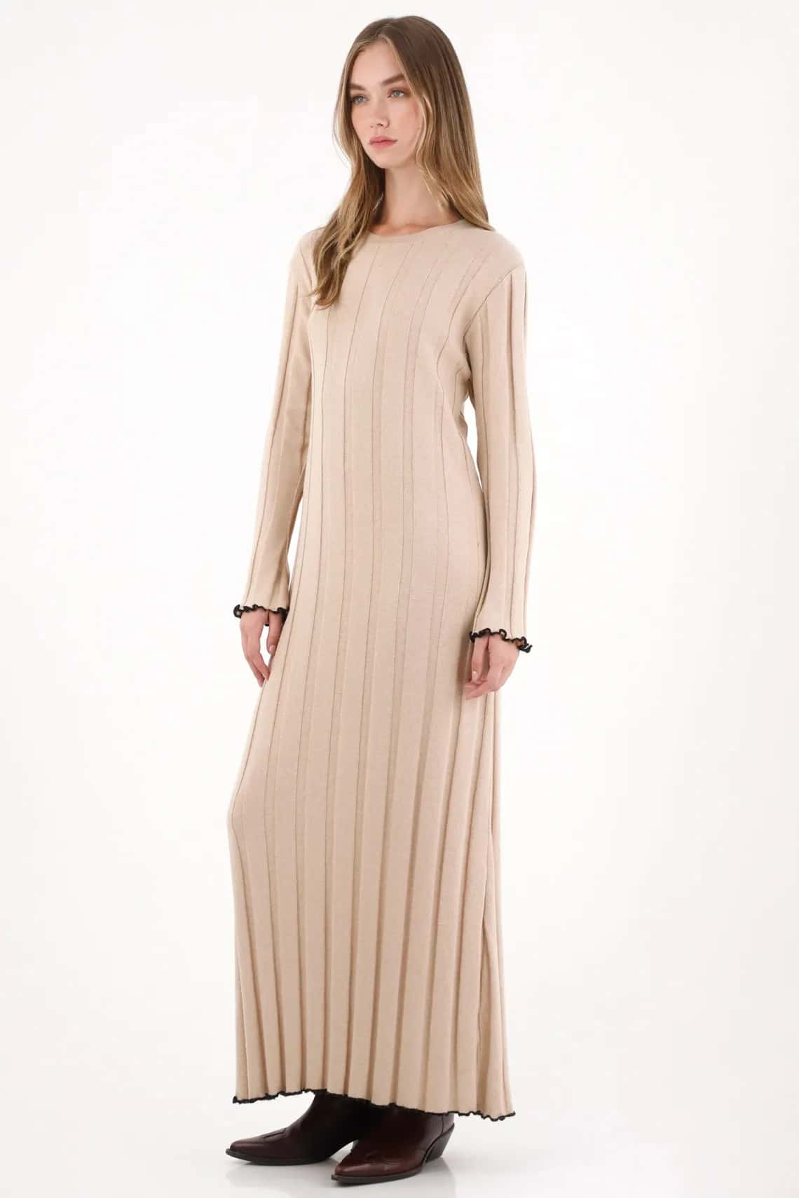 Vestido largo con textura a rayas crudo para mujer