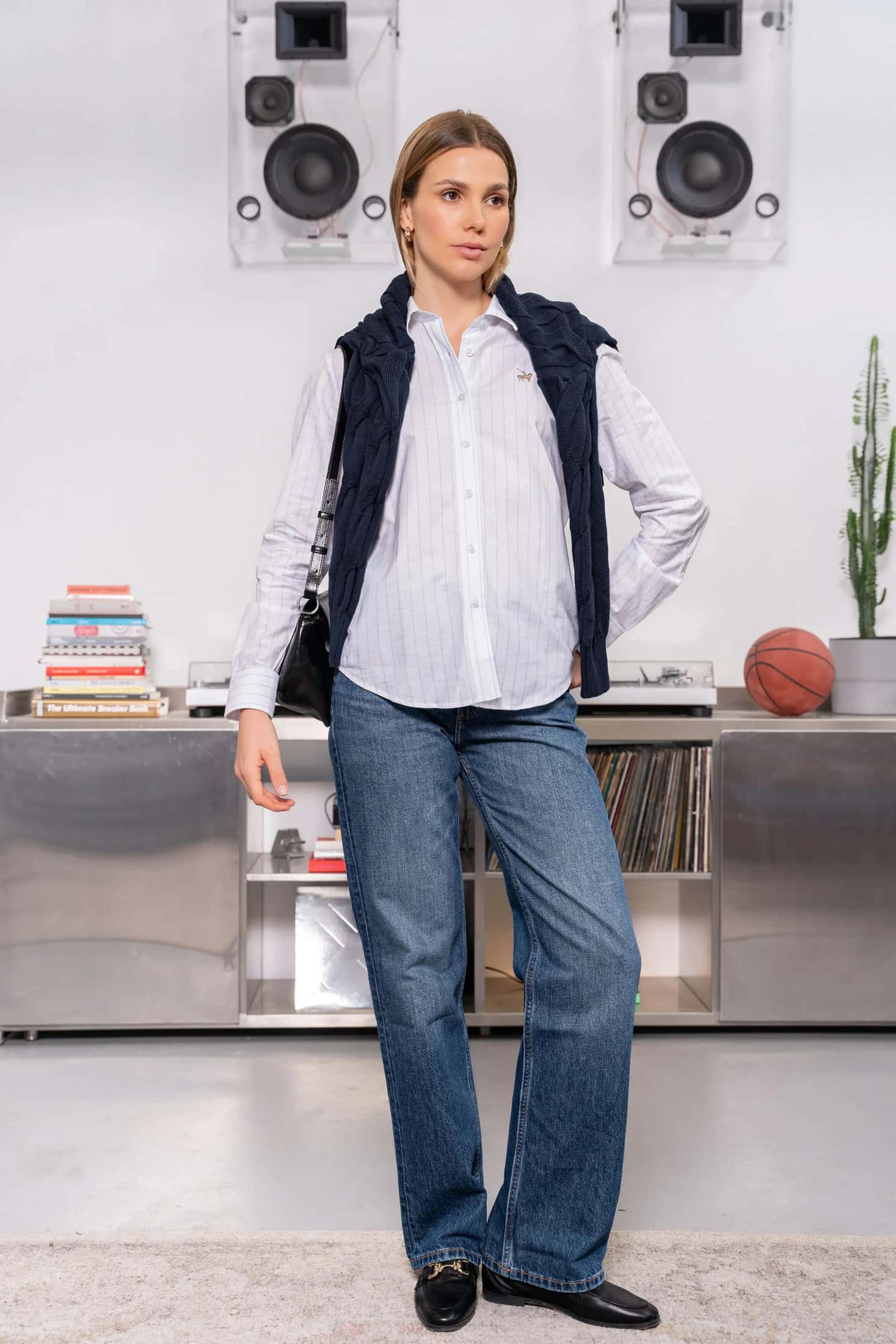 Camisa Oxford Wide Striped Blanco Mujer Raya Azul - miniatura 3