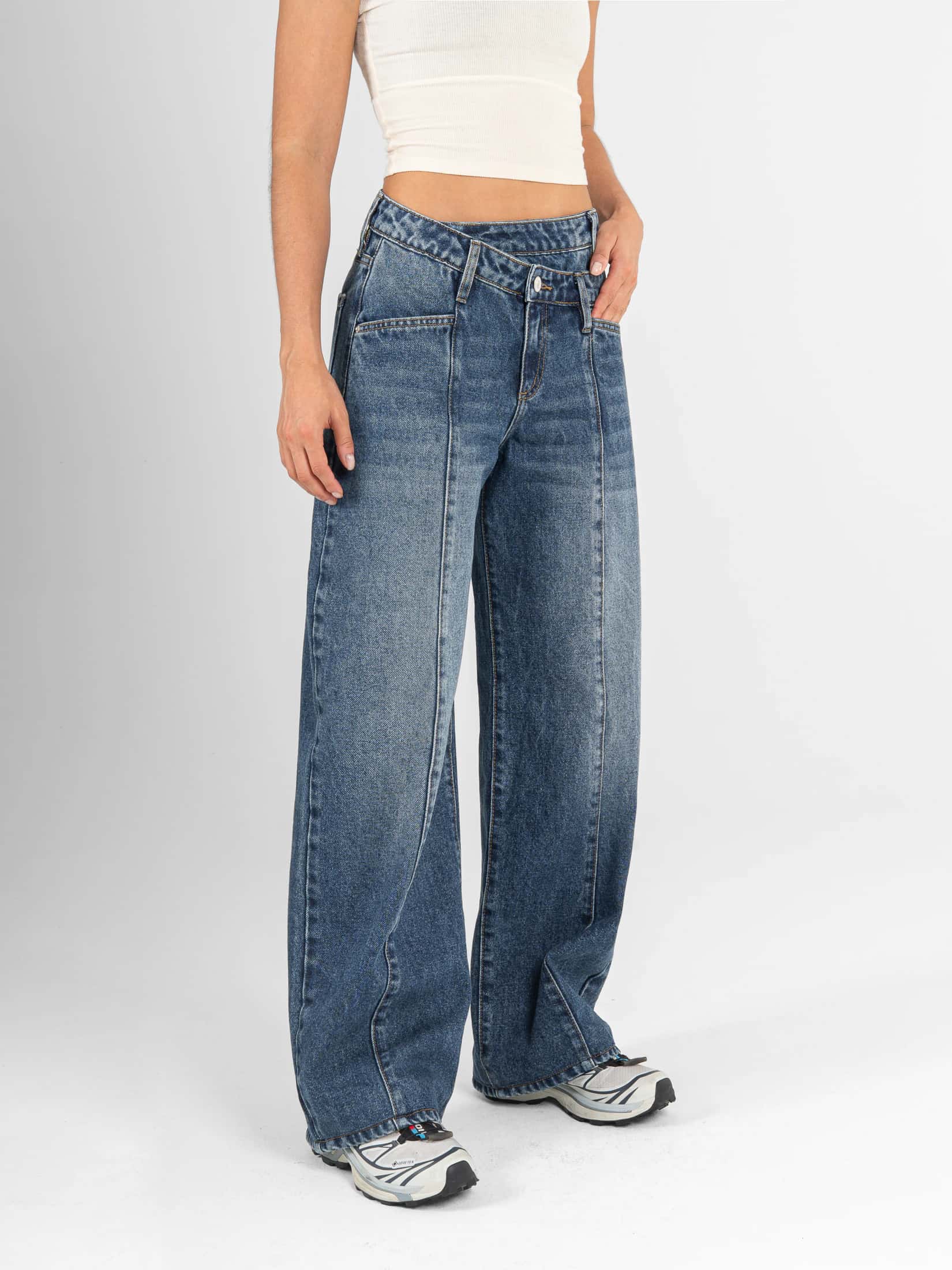 Ref: 066525 Jean wide leg, rígido, con cortes, detalle en pretina, tono azul oscuro - miniatura 3