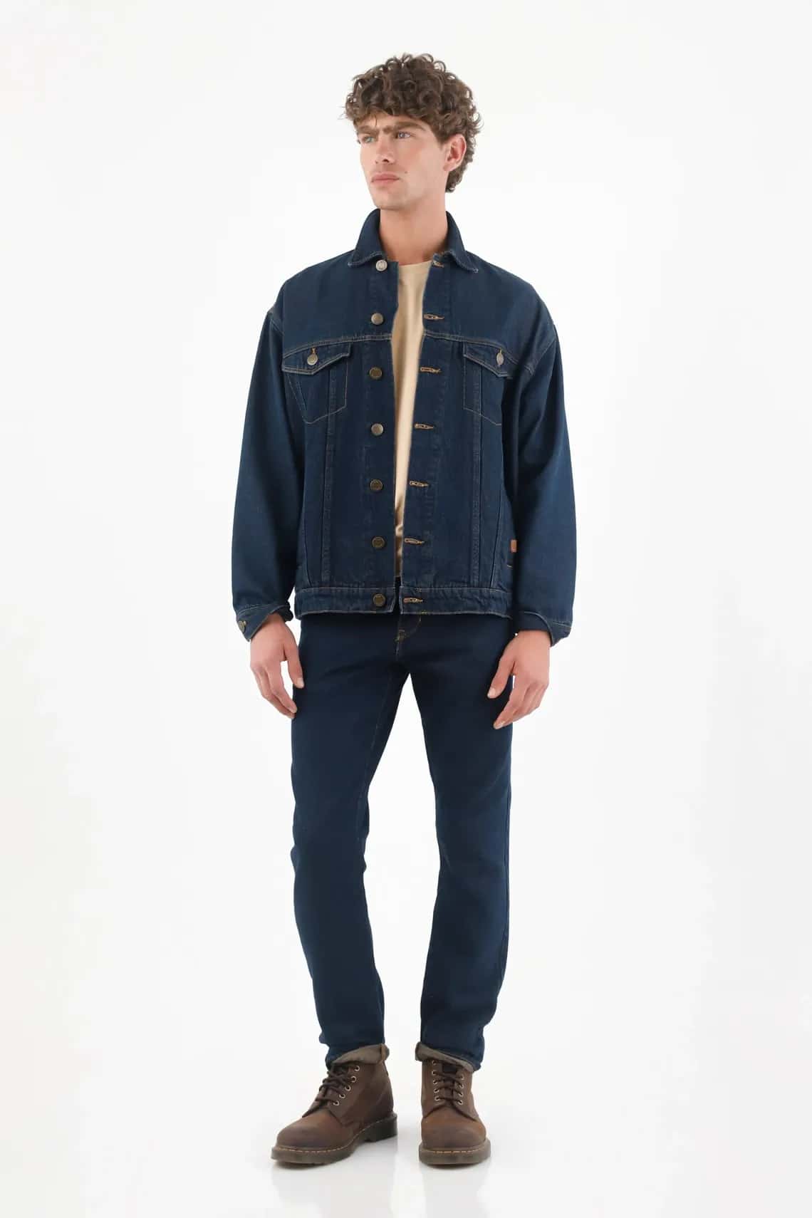 Cazadora denim para hombre de algodón azul índigo fit relajado con costuras en contraste