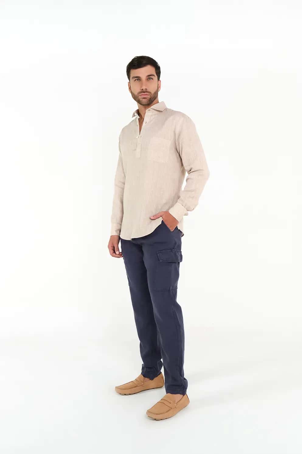 Pantalón Cargo Slim Fit 100% Lino Azul Oscuro