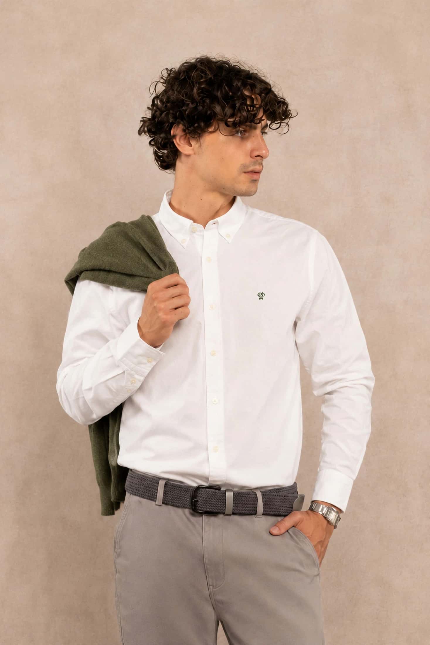Camisa Popelina Blanco Logo Verde Olive Bordado Regular Fit - miniatura 1