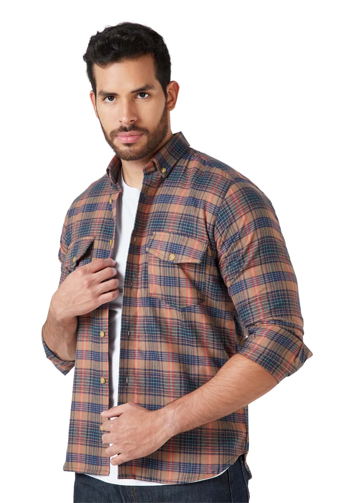Camisa manga larga leñadora camel rayas azul y roja
