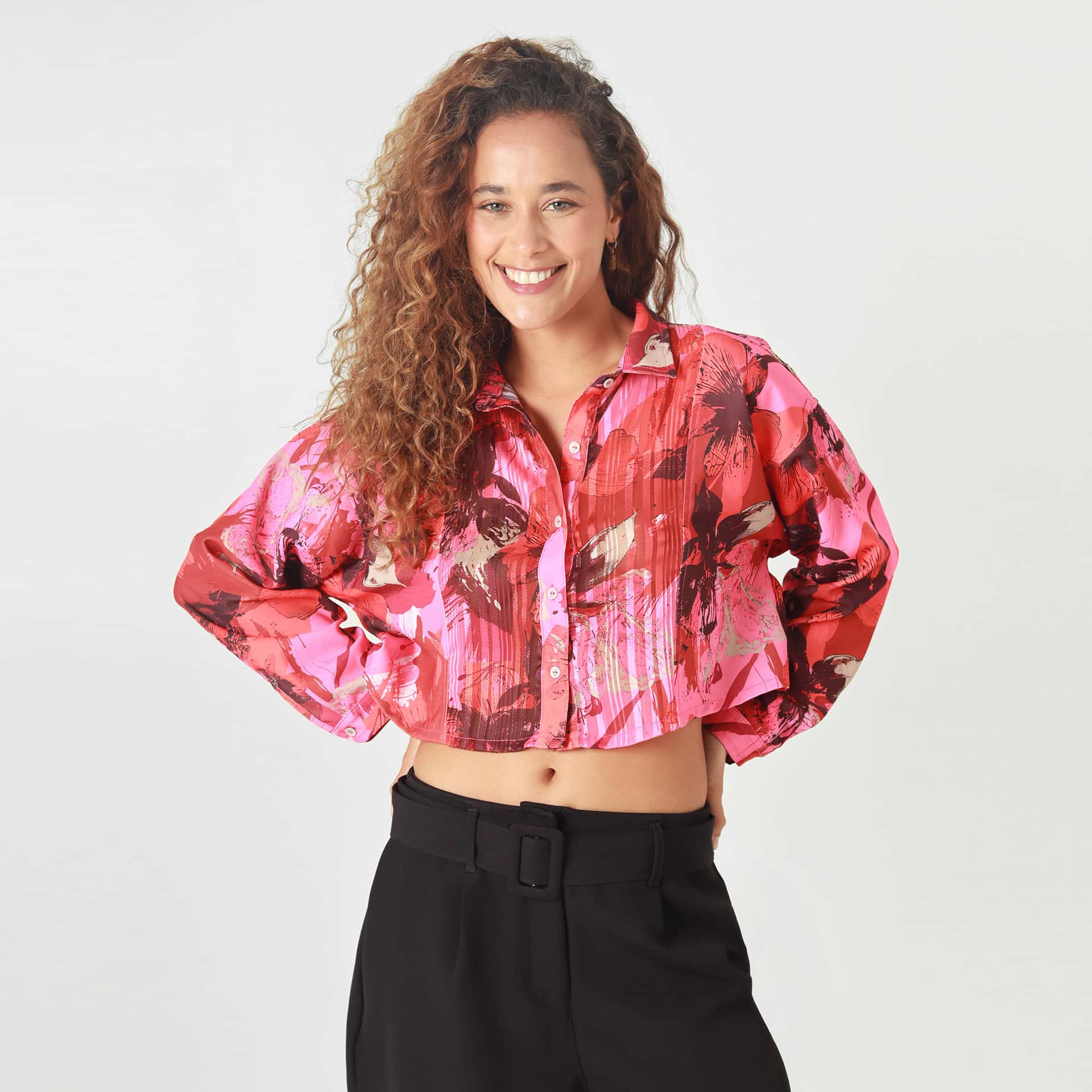 Blusa Crop Cuello Camisero Manga Larga