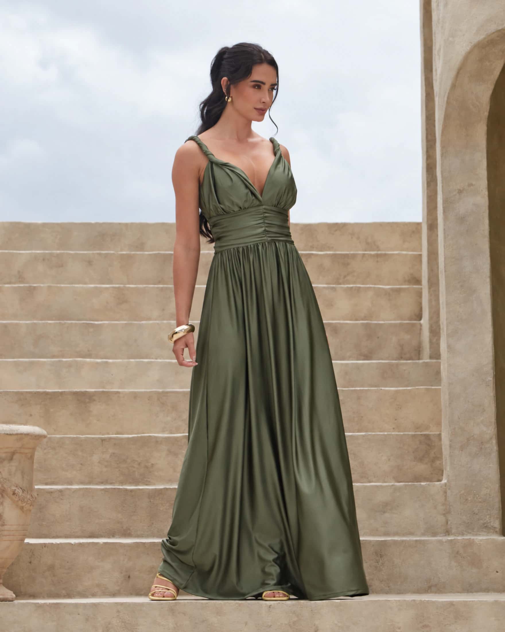 Vestido Largo Escote en V con Cintura Drapeada - miniatura 2