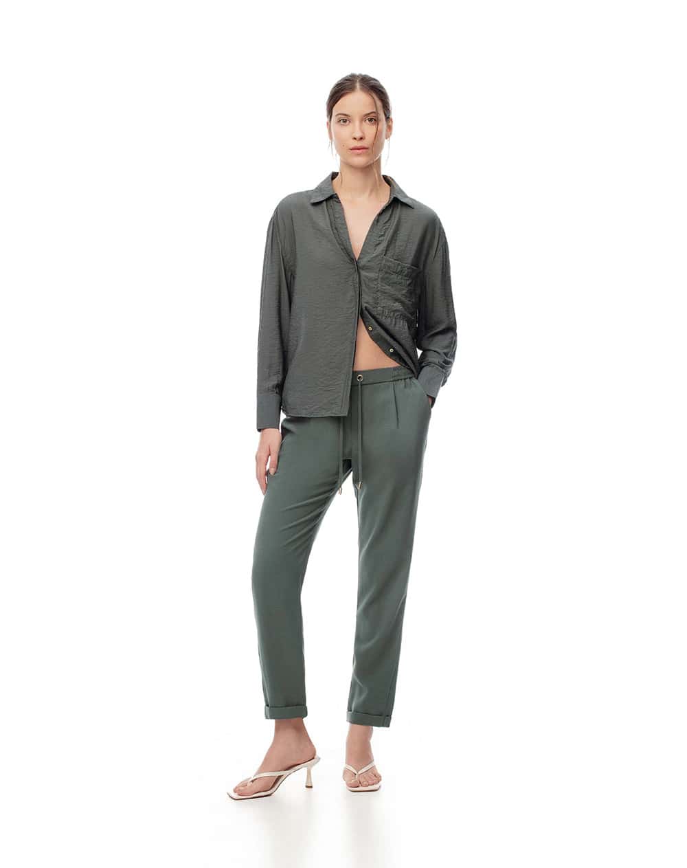 Pantalón recto tiro alto verde mujer