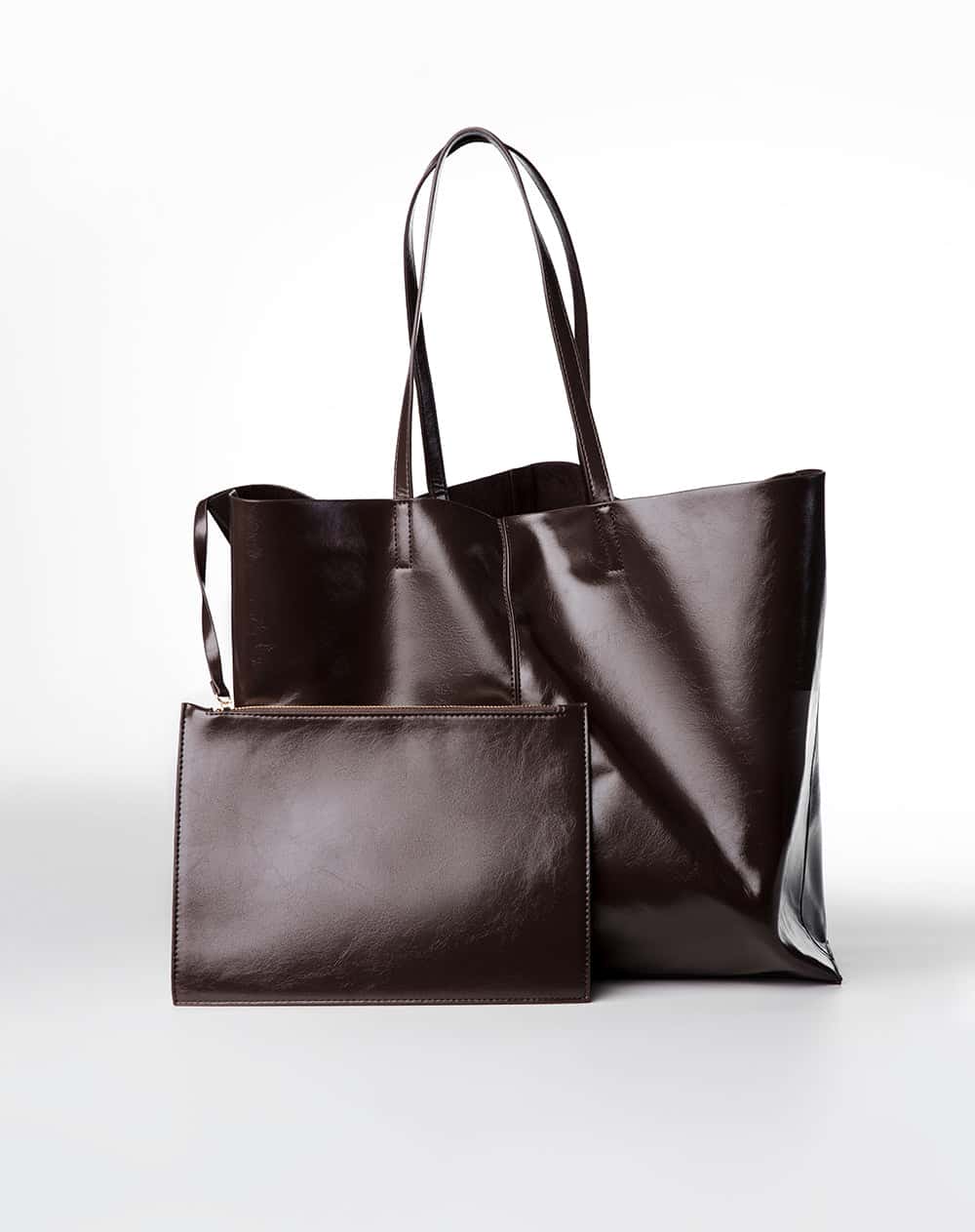 Maxi bolso shopper efecto charol café mujer