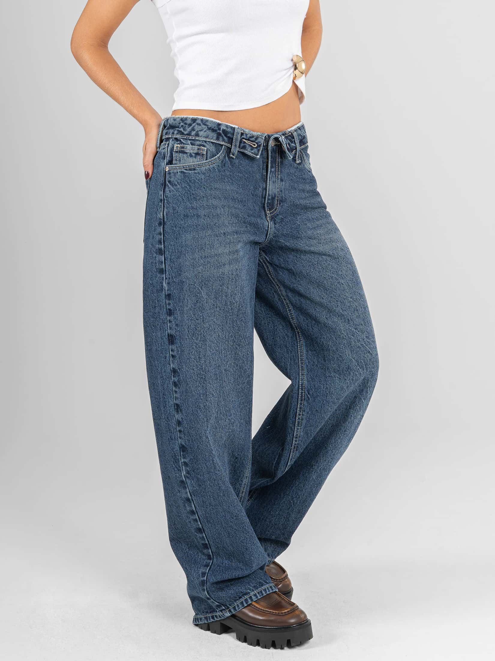 Ref: 066633 Jean wide leg, rígido, tiro medio, detalle en pretina, tono azul oscuro - miniatura 3