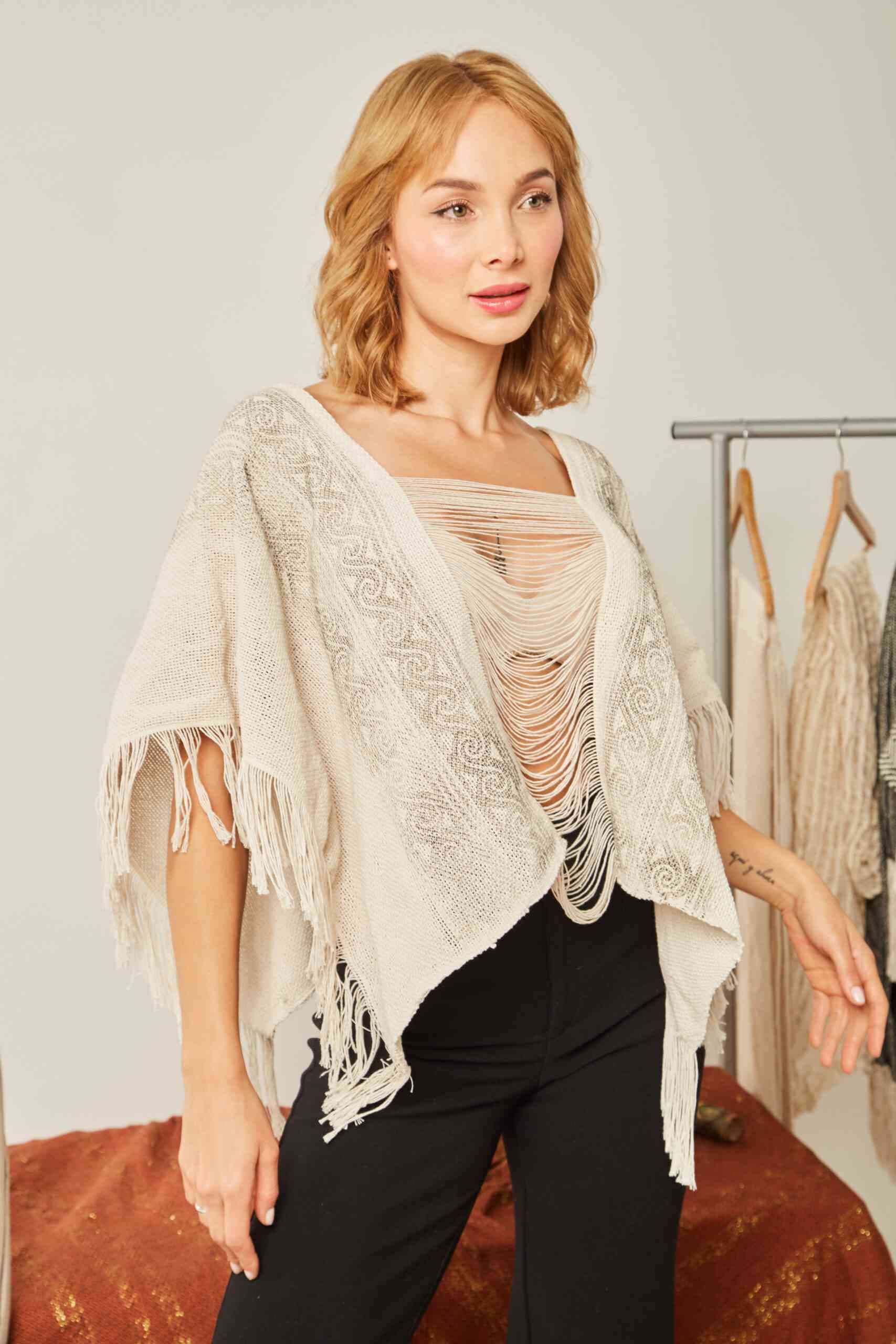 Poncho Onda de Mar Corto Crudo Estampación Artesanal