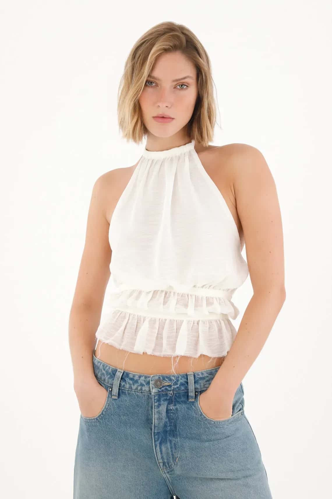 Camisa con cortes y bolero crudo para mujer