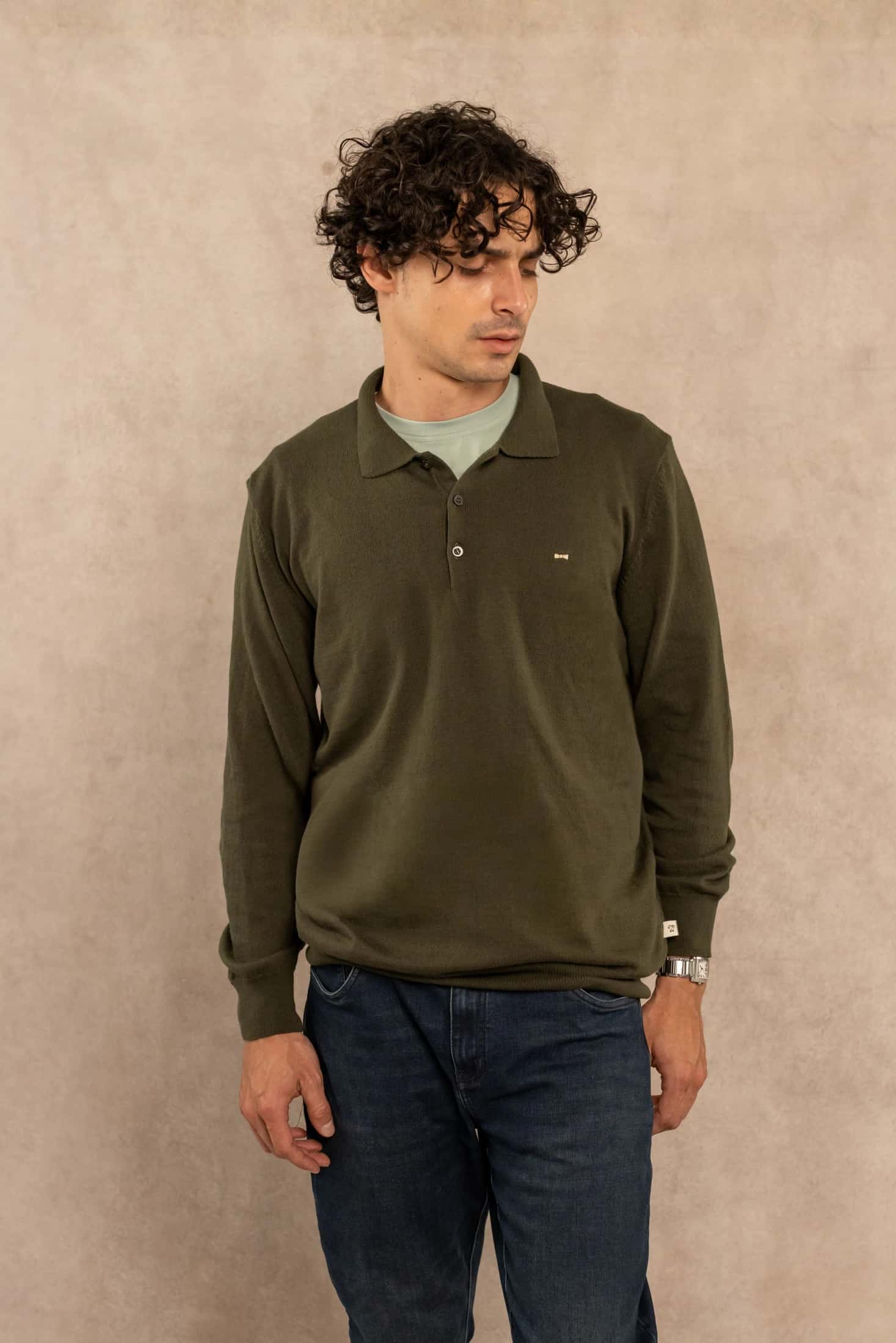 Polo Tejido Manga Larga Verde Militar