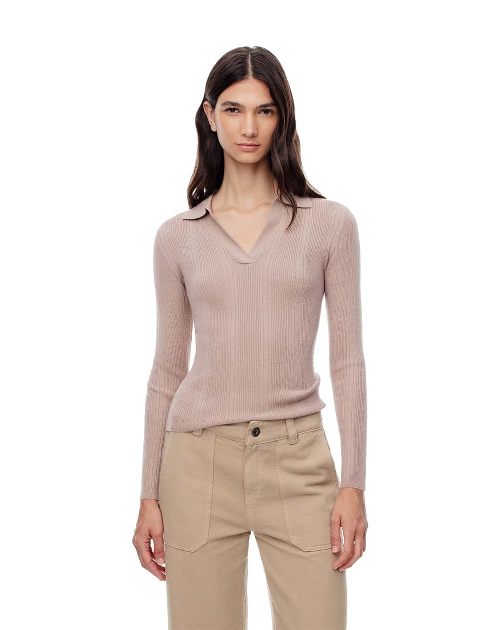 Camibuzo tipo polo slim tejido de punto taupe mujer