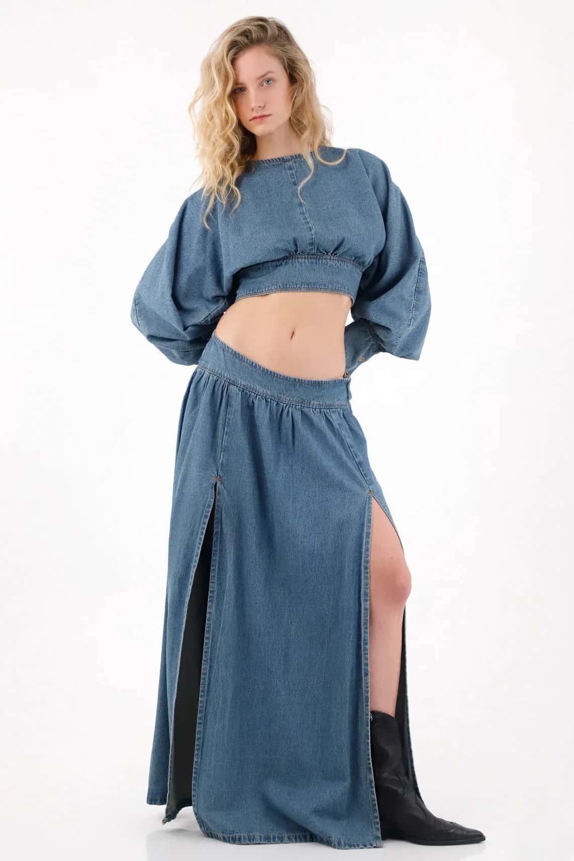 Falda larga denim con aberturas azul para mujer