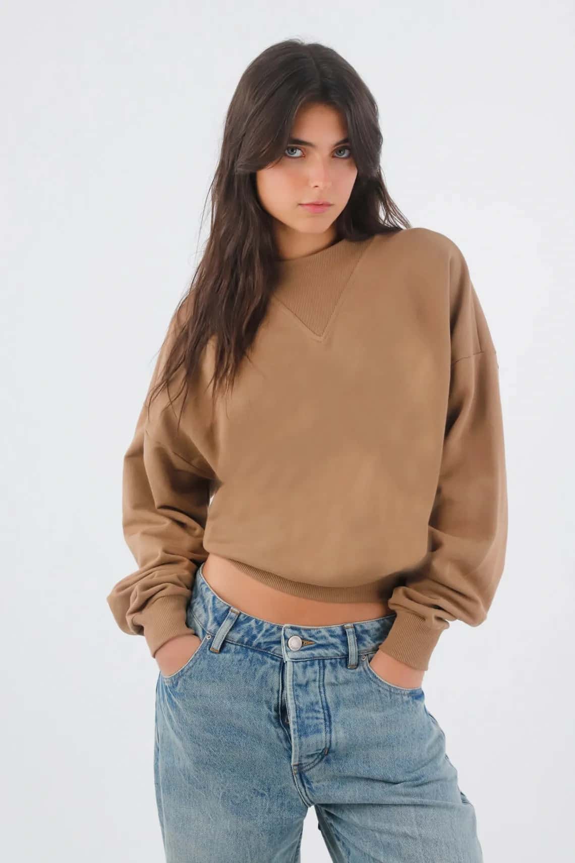 Buzo para mujer algodón camel fit relajado con triángulo acanalado
