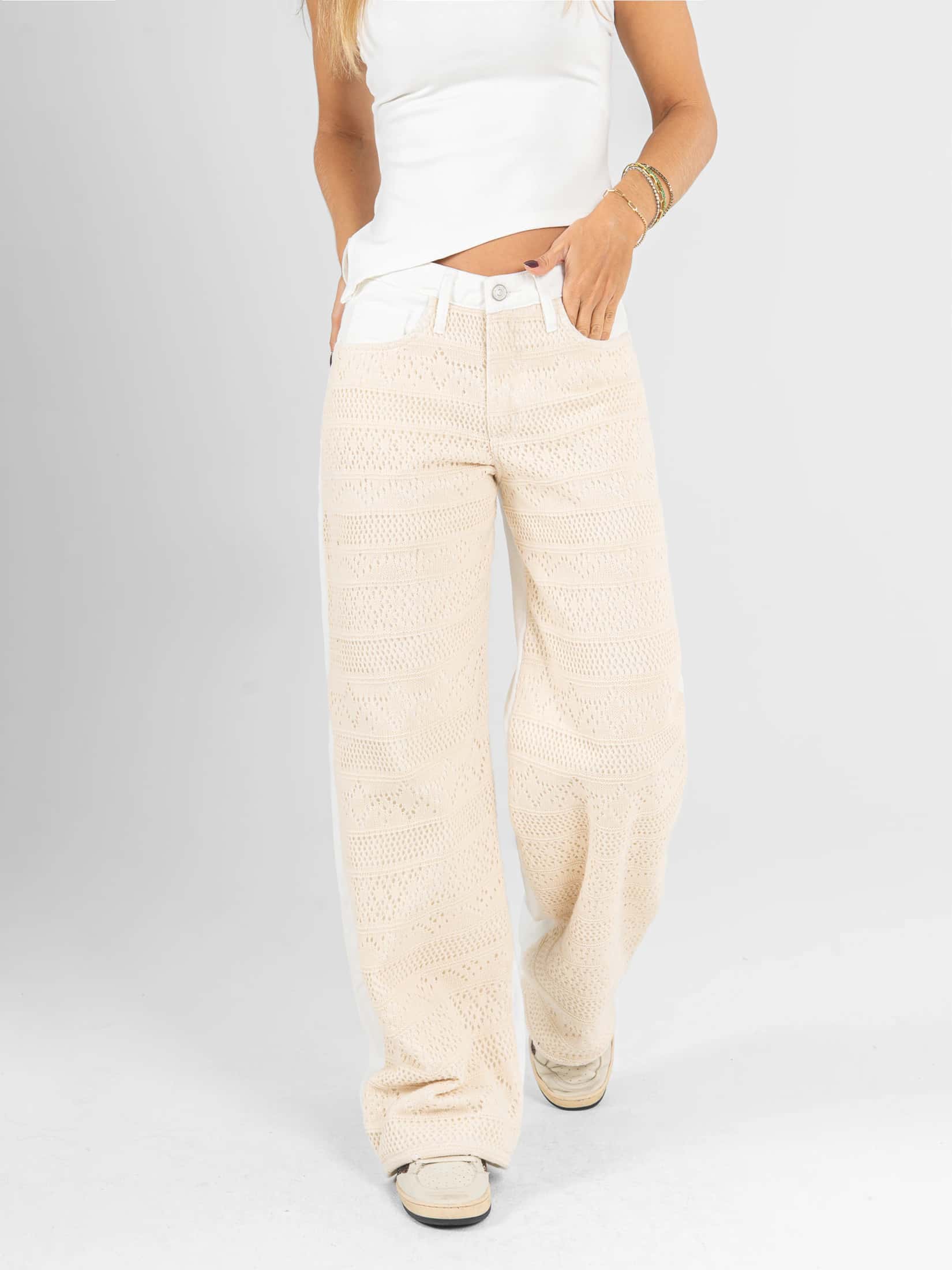 Ref: 0620686 Pantalón wide leg, rígido, tiro alto, con diseño delantero en crochet, tono natural. - miniatura 1