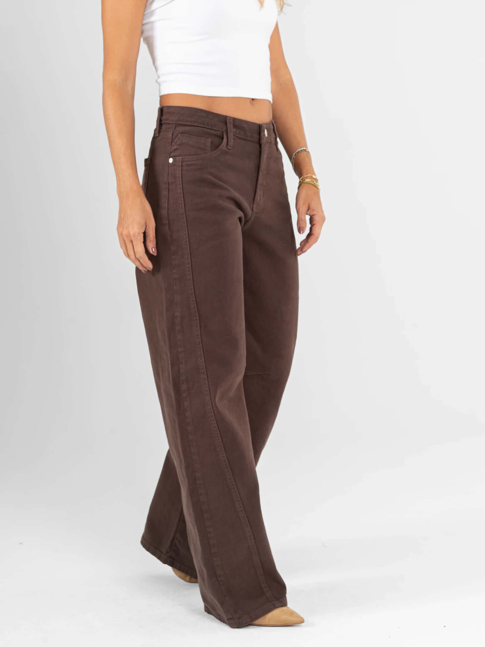 Ref: 0620618 Pantalón wide leg stretch, tiro alto, tono café, corte en delantero - miniatura 2