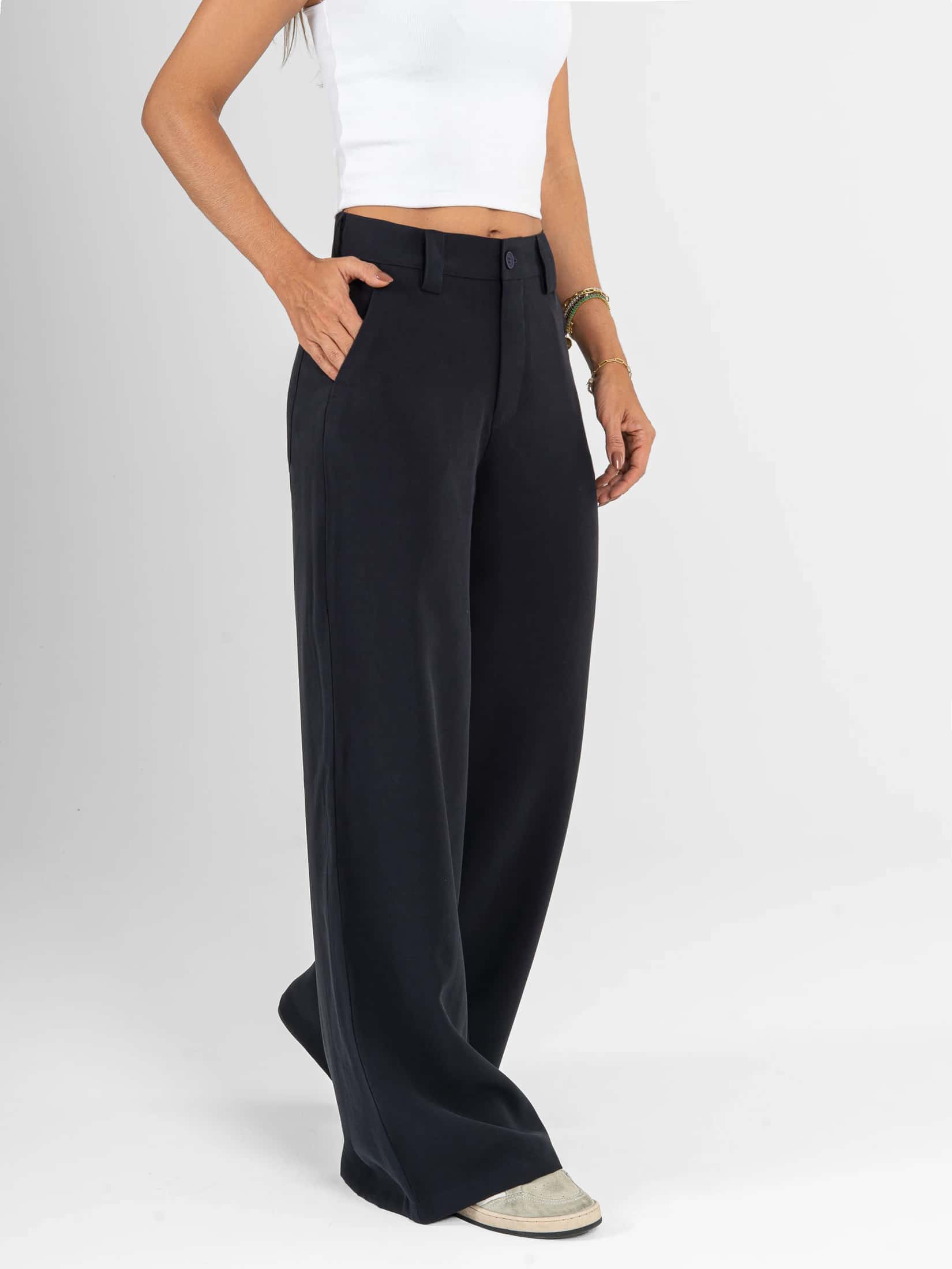 Ref: 0620604 Pantalón palazzo, tejido plano liviano, tiro alto, tono azul oscuro - miniatura 4