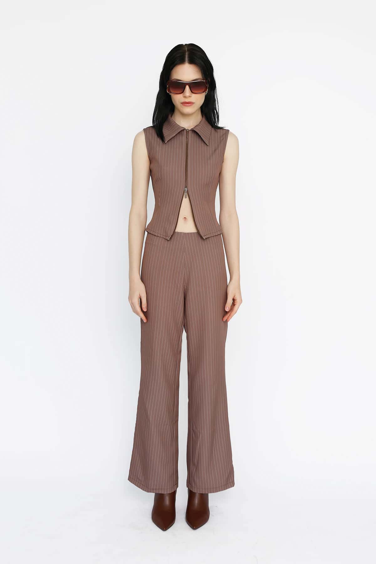 Zip Top in Brown Pinstripe