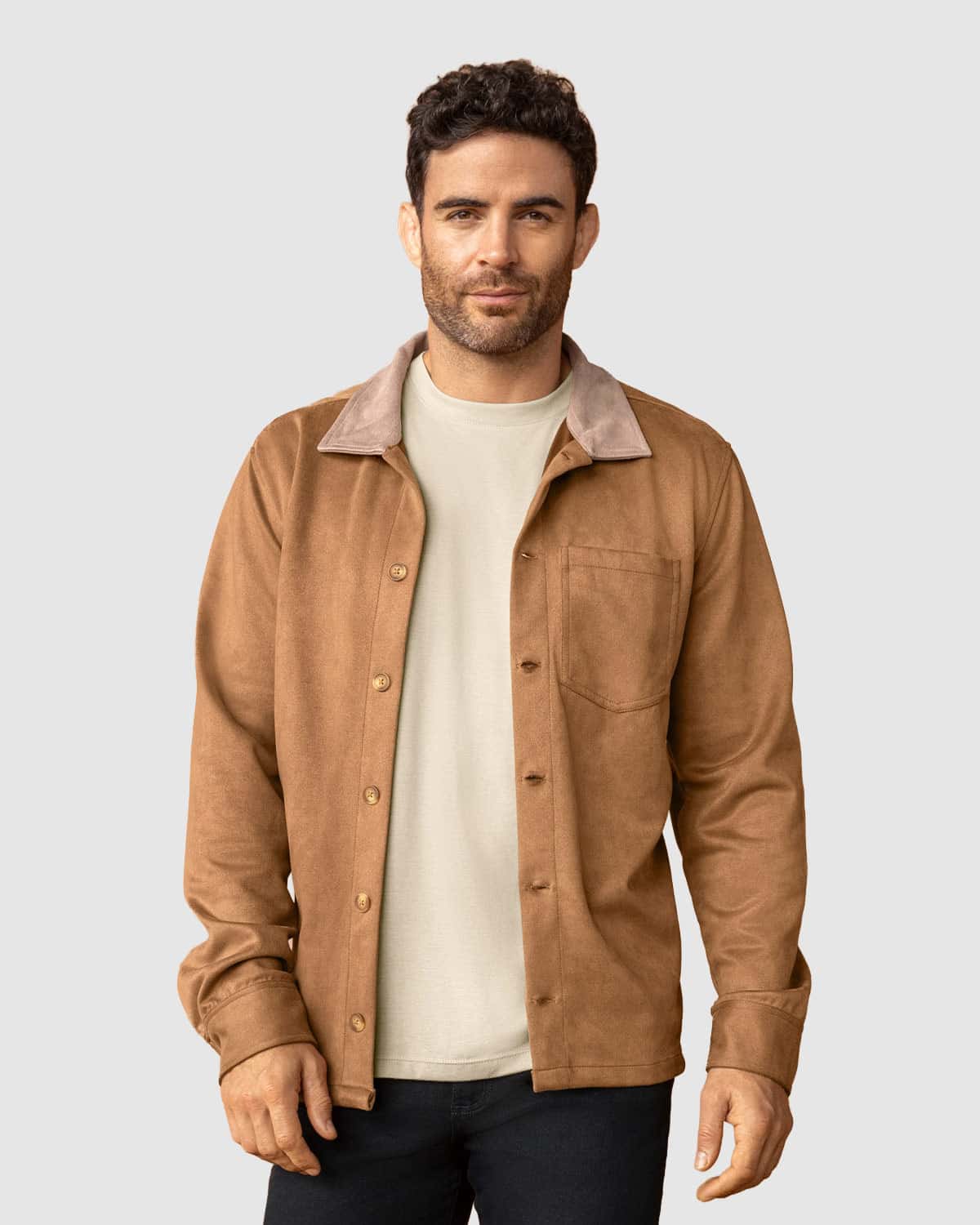 Chaqueta en gamuza con cuello camisero en contraste