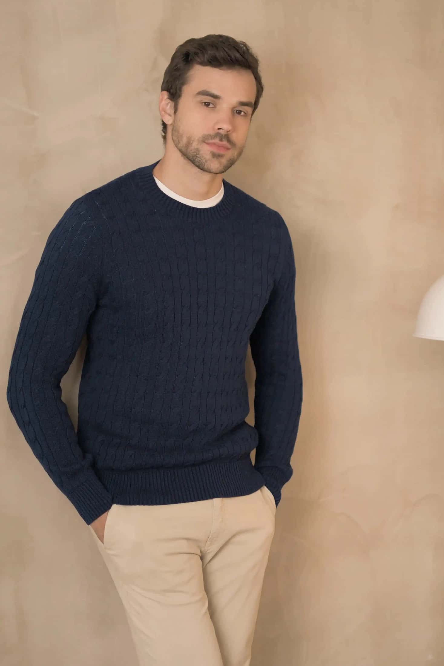 Suéter trenzado cuello redondo Hombre Azul oscuro