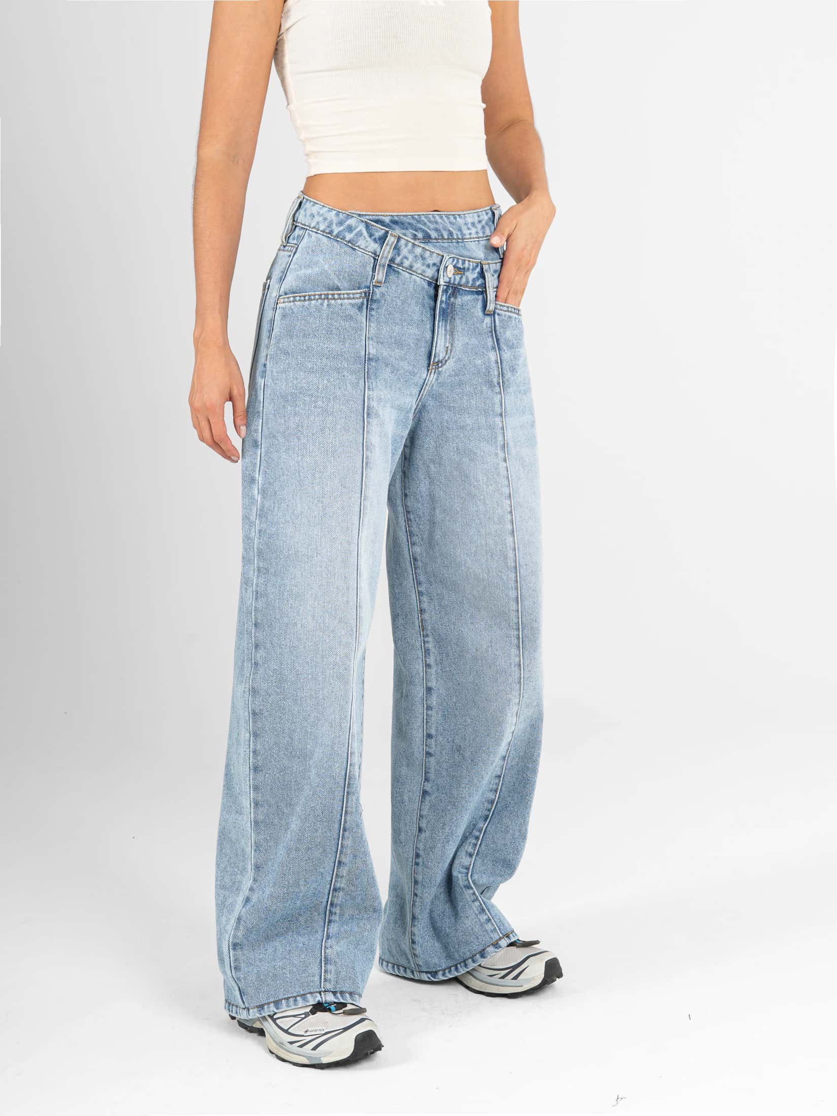 Ref: 066526 Jean wide leg, rígido, con cortes, detalle en pretina, tono azul medio - miniatura 5