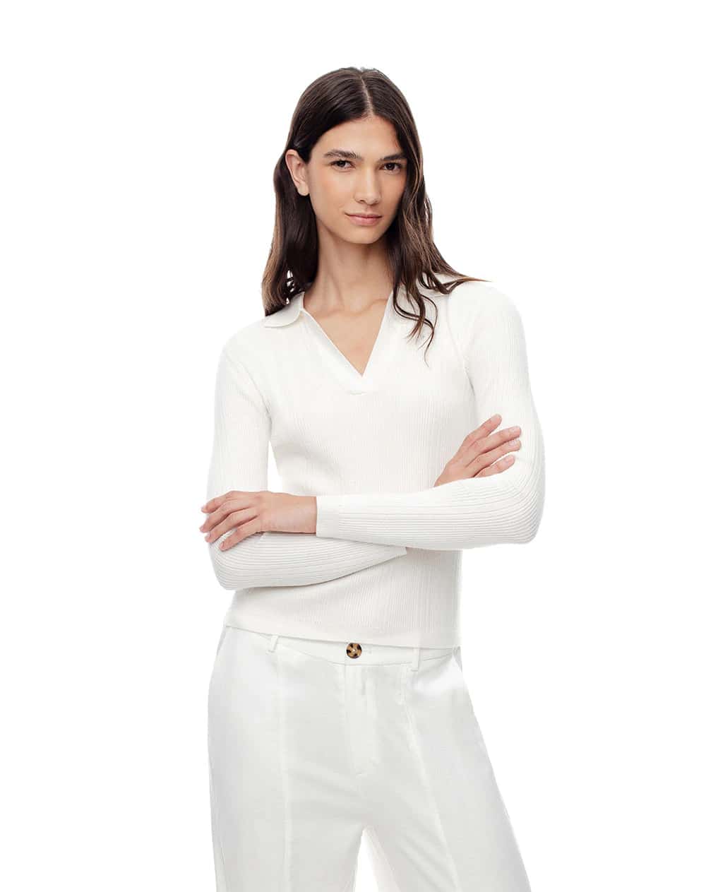 Camibuzo tipo polo slim tejido de punto blanco mujer