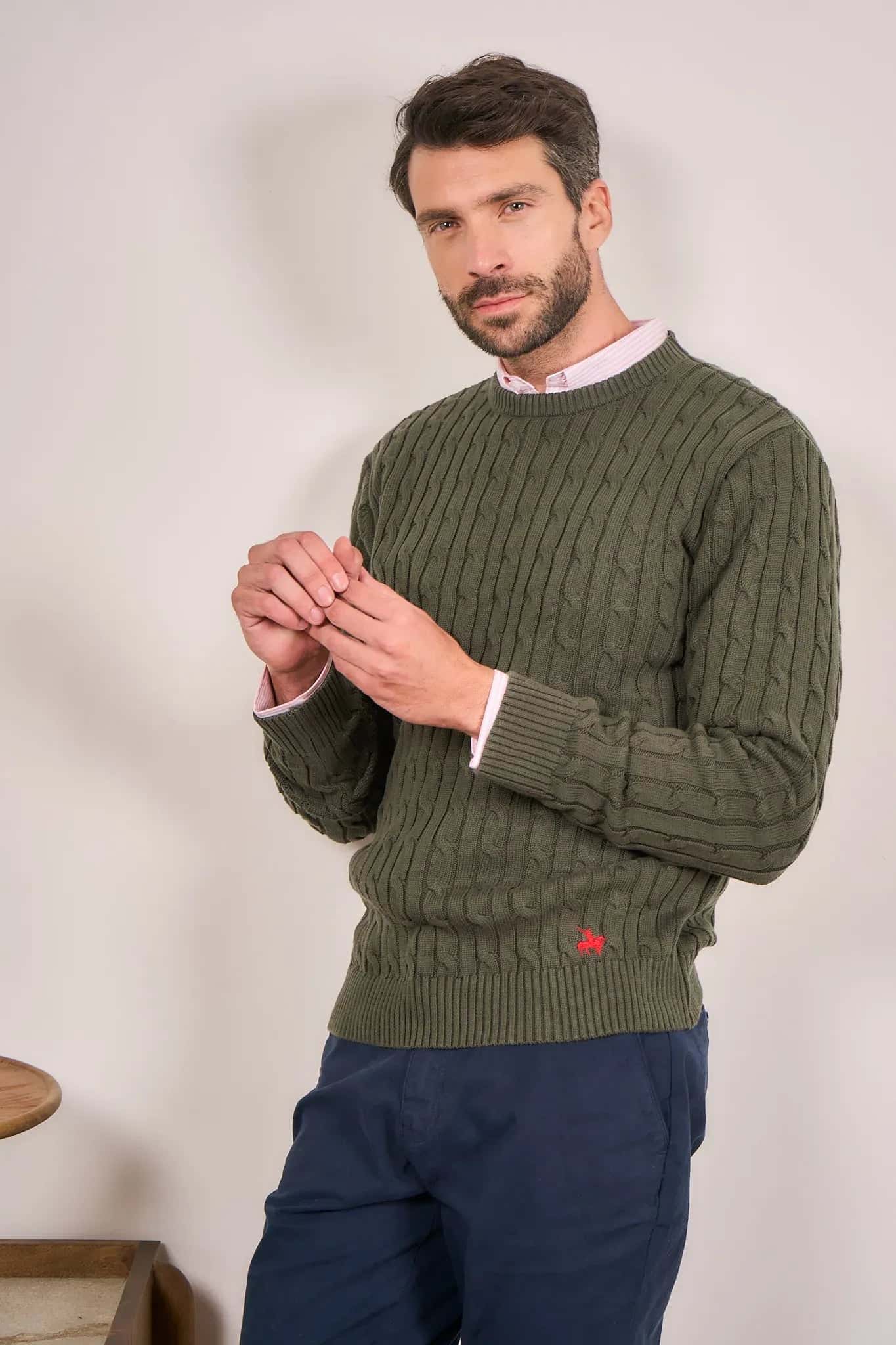 Suéter trenzado cuello redondo Hombre Verde
