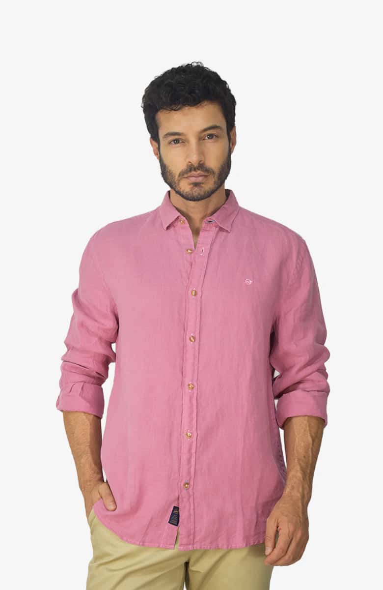 Camisa manga larga Lino Rosa Oscuro para Hombre