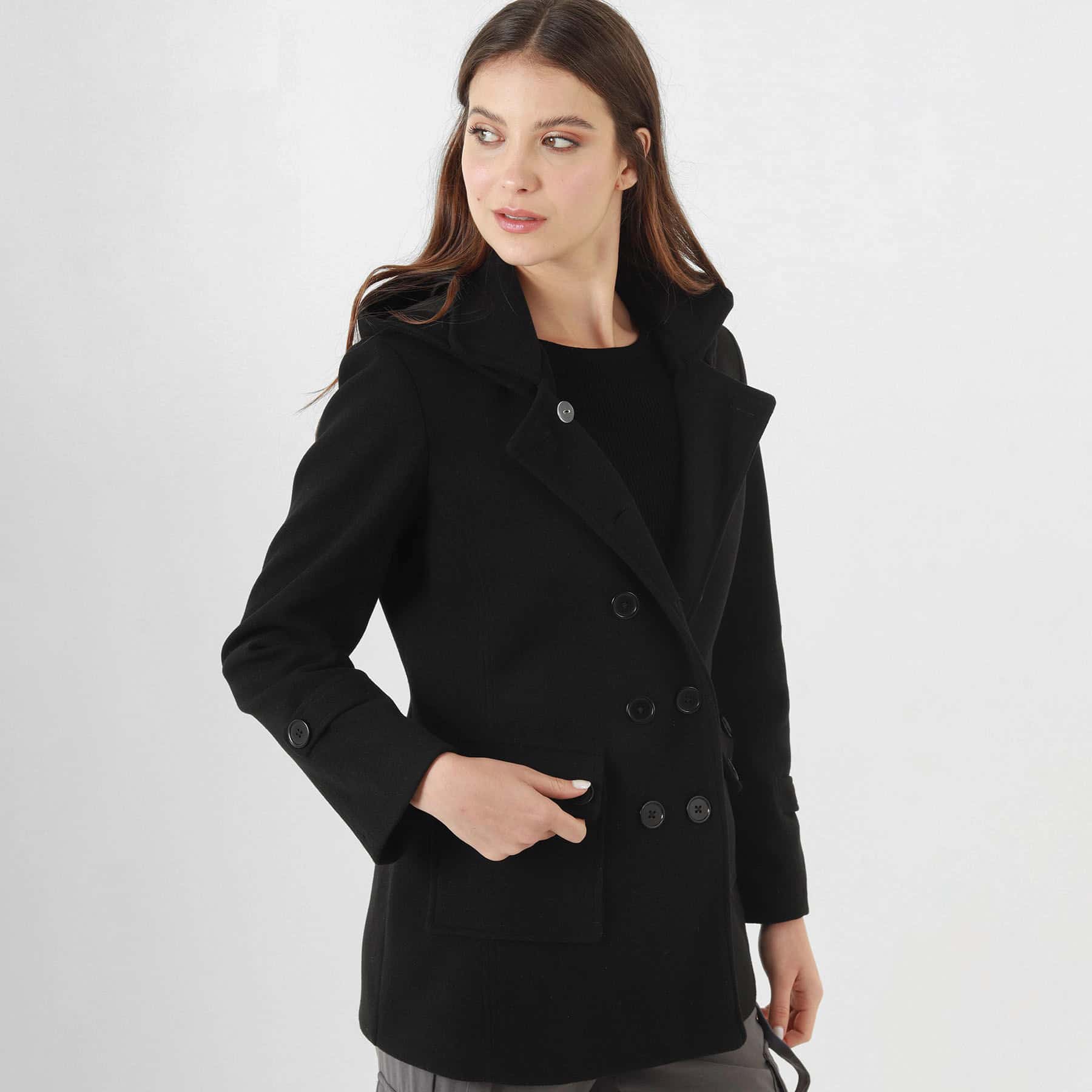 Chaqueta abrigo trench cruzado cuello solapa con capucha