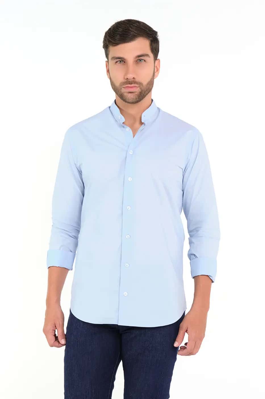 Camisa Cuello Nerú Slim Fit 100% Algodón Azul Claro