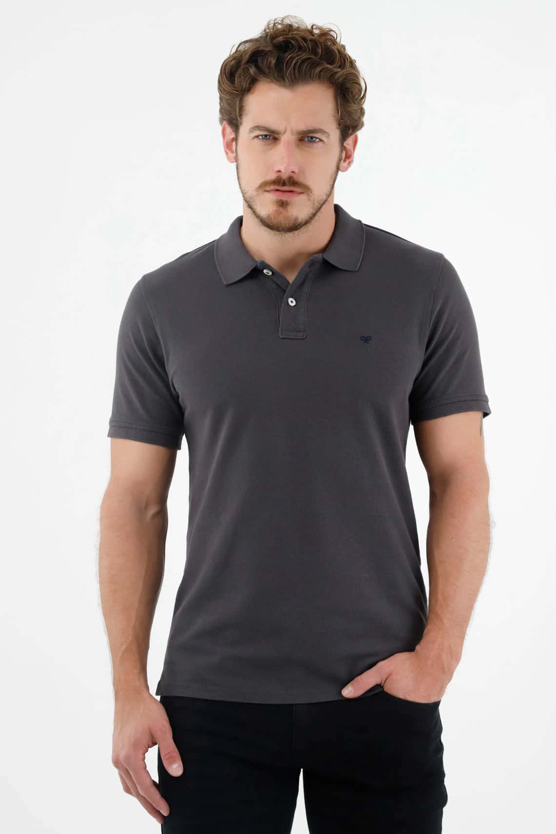 Polo gris con raqueta multicolor de silueta ajustada para hombre