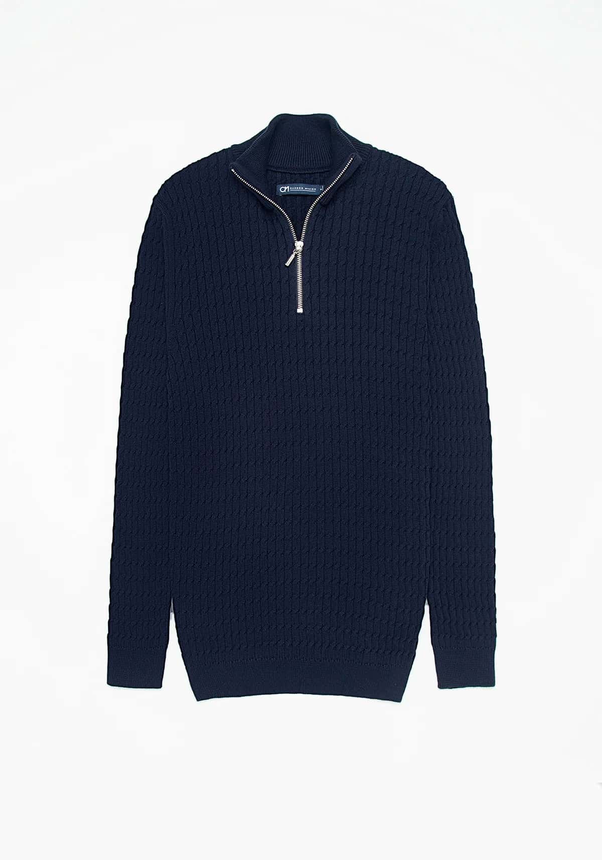 Saco Trenzado Half Zip Algodón Azul Oscuro