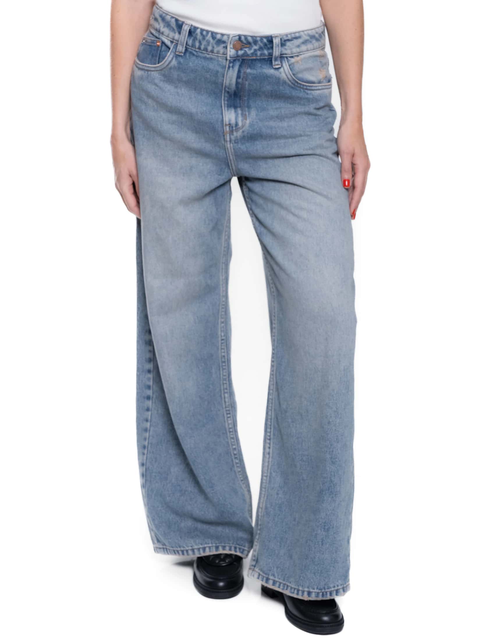 Medium Waist Wide Leg Jeans Tono Medio Con Desgastes
