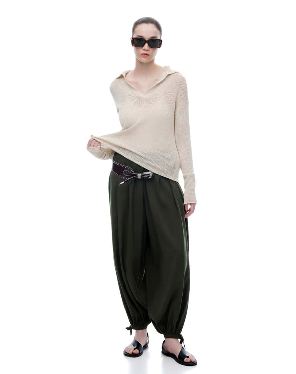 Pantalón balloon tiro medio verde mujer
