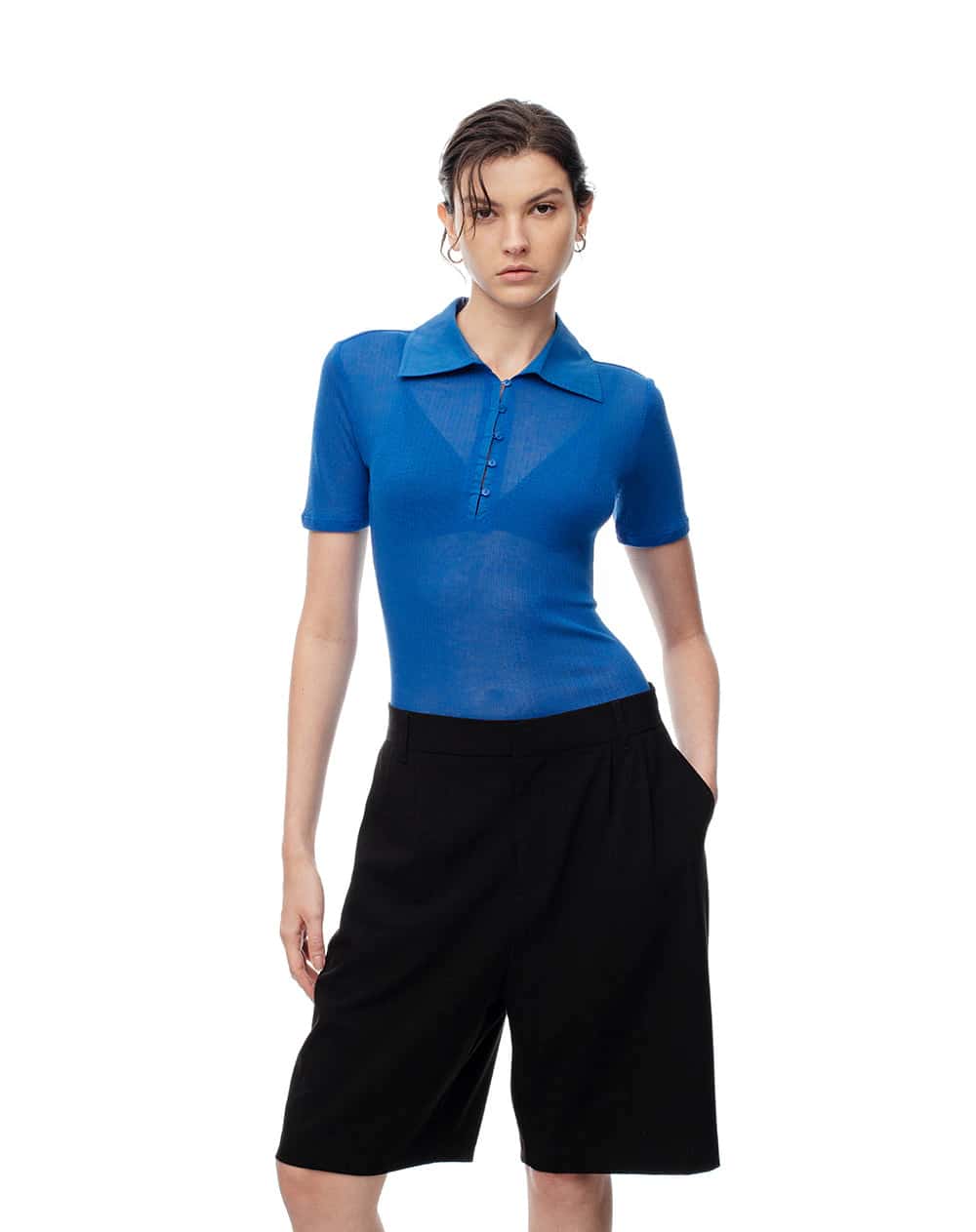 Polo slim tejido de punto azul mujer