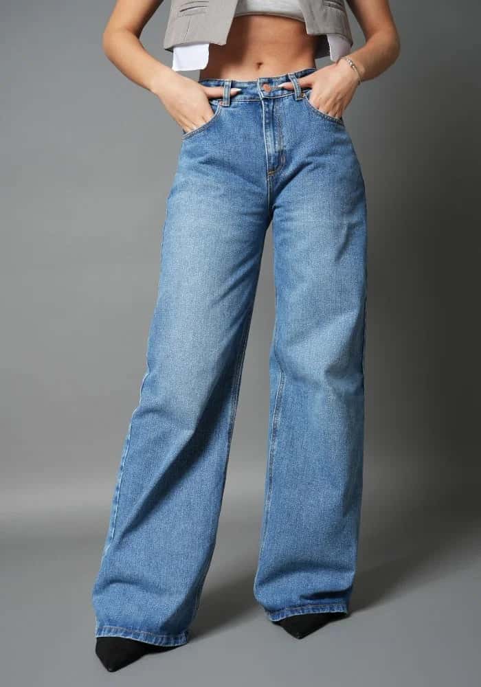 Jean Rígido Wide Leg Baggy para Mujer Tono Azul Medio