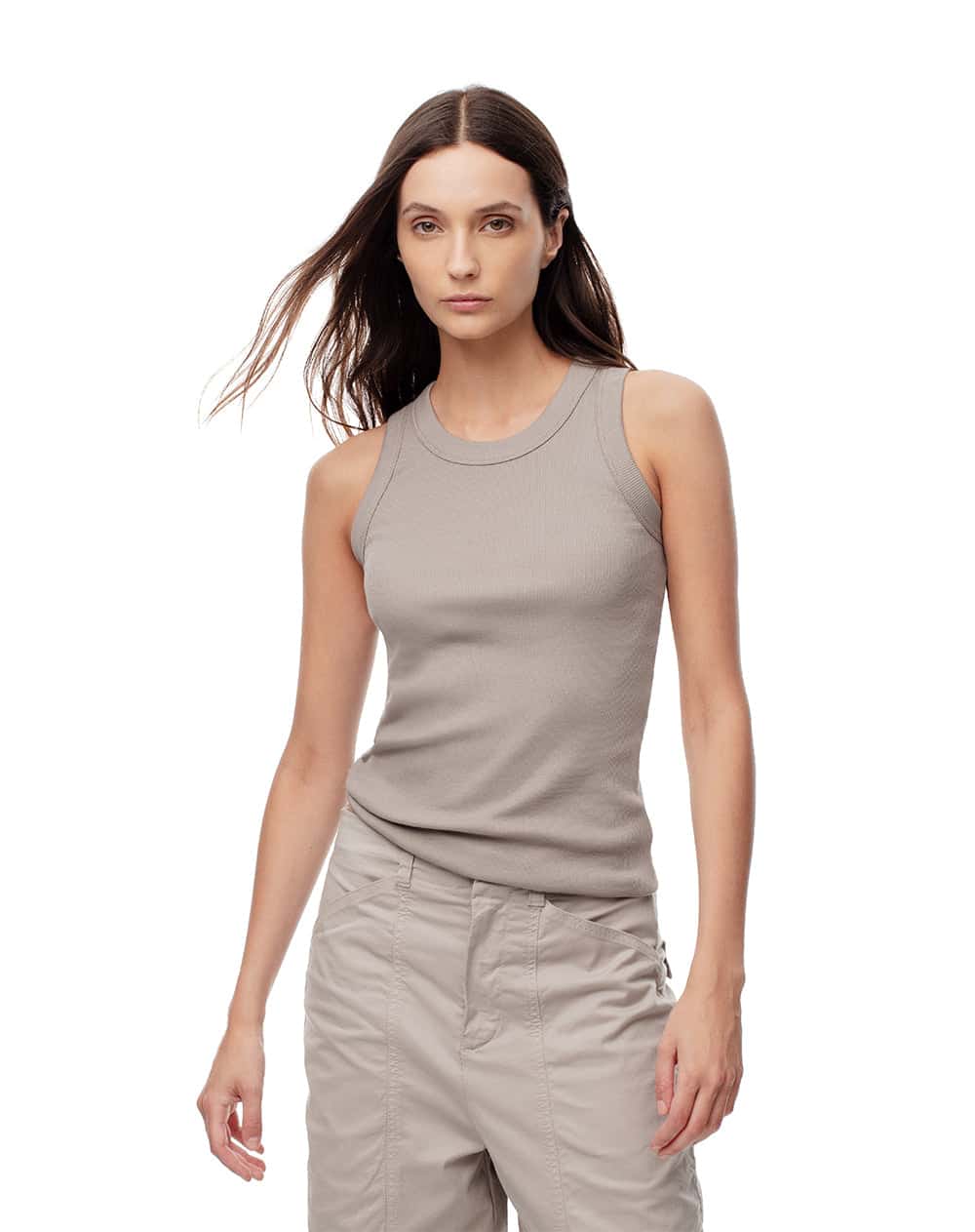 Camiseta esqueleto slim rib algodón taupe mujer