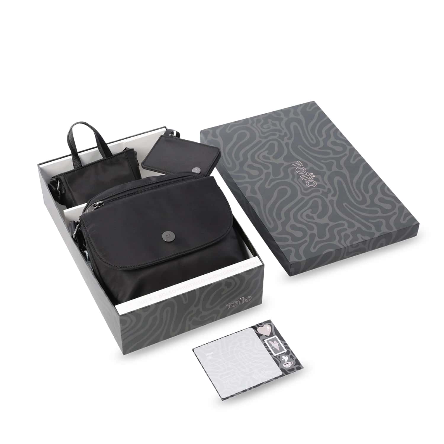 Kit de regalo X4 Bolso+Multiuso Mini+Monedero+Postal Corneana 2 Negro