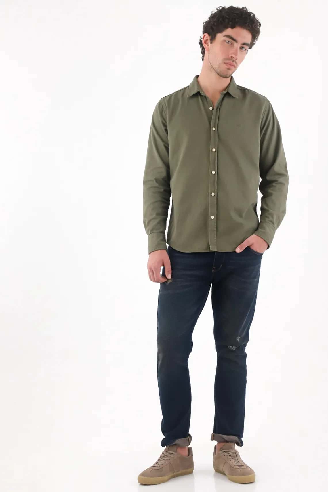 Jeans slim con desgastes sutiles de algodón índigo oscuro para hombre